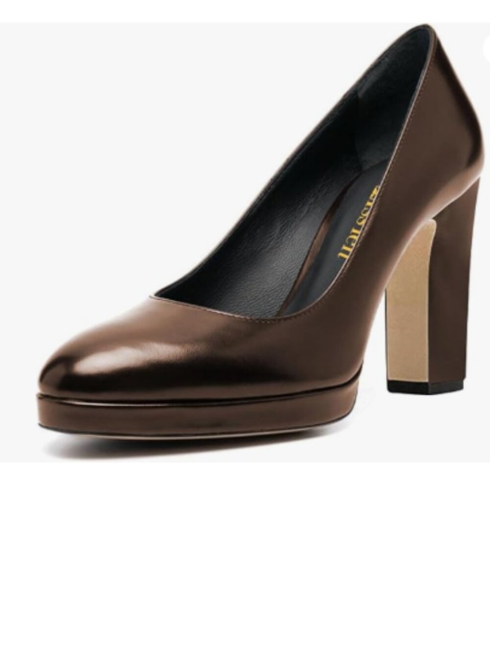 miss left Brown Platform Closed Almond Toe Pumps Slip On Block High Heel Shoe